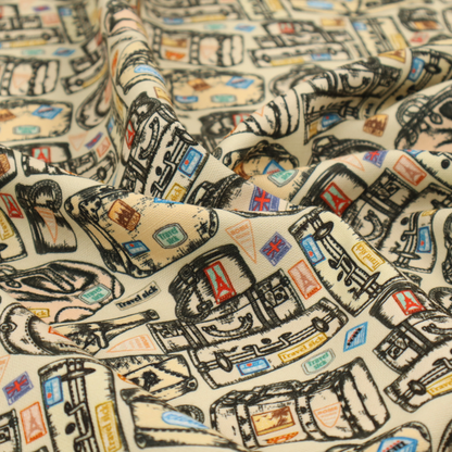 This fabric includes numerous variations of sketched travel bags, along with colourful stamps from different holiday destinations, on a natural background.