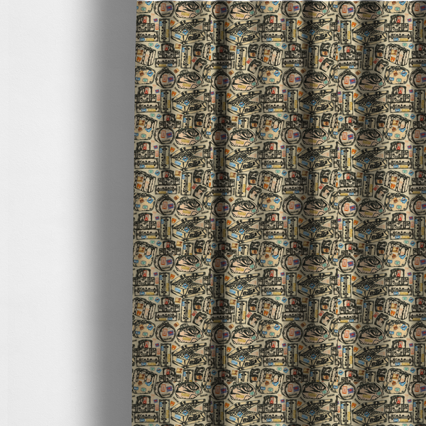 The fabric that has been used to create these made-to-measure curtains includes numerous variations of sketched travel bags, along with colourful stamps from different holiday destinations, on a natural background.