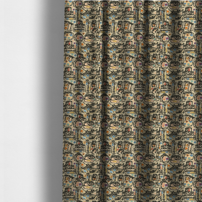 The fabric that has been used to create these made-to-measure curtains includes numerous variations of sketched travel bags, along with colourful stamps from different holiday destinations, on a natural background.