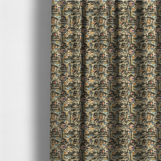 The fabric that has been used to create these made-to-measure curtains includes numerous variations of sketched travel bags, along with colourful stamps from different holiday destinations, on a natural background.