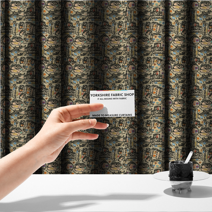 The fabric that has been used to create these made-to-measure curtains includes numerous variations of sketched travel bags, along with colourful stamps from different holiday destinations, on a natural background.