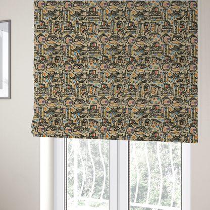 The fabric that has been used to create these Roman blinds includes numerous variations of sketched travel bags, along with colourful stamps from different holiday destinations, on a natural background.