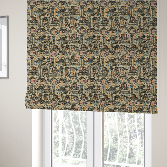 The fabric that has been used to create these Roman blinds includes numerous variations of sketched travel bags, along with colourful stamps from different holiday destinations, on a natural background.