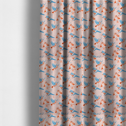 The fabric used to create these made-measure-curtains includes blue and pink birds in various positions on a soft pink background.