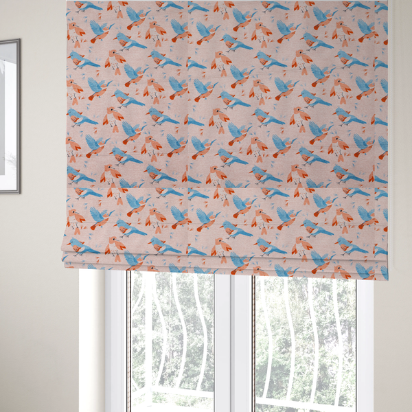 The fabric used to create these Roman blinds includes blue and pink birds in various positions on a soft pink background.