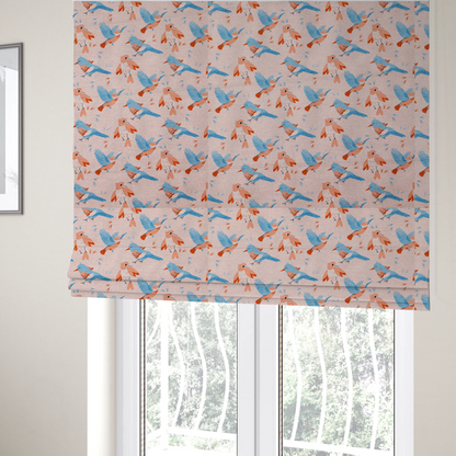 The fabric used to create these Roman blinds includes blue and pink birds in various positions on a soft pink background.