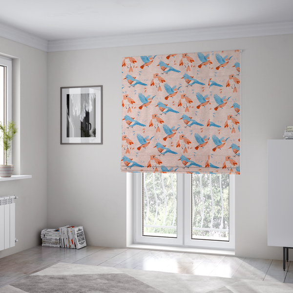 The fabric used to create these Roman blinds includes blue and pink birds in various positions on a soft pink background.