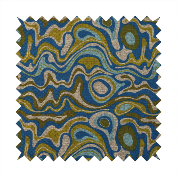 This fabric features different shades of green and beige swirls on a blue background.