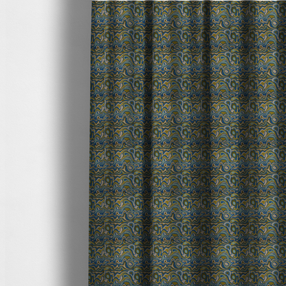 The fabric used to create these made-to-measure curtains, features different shades of green and beige swirls on a blue background.