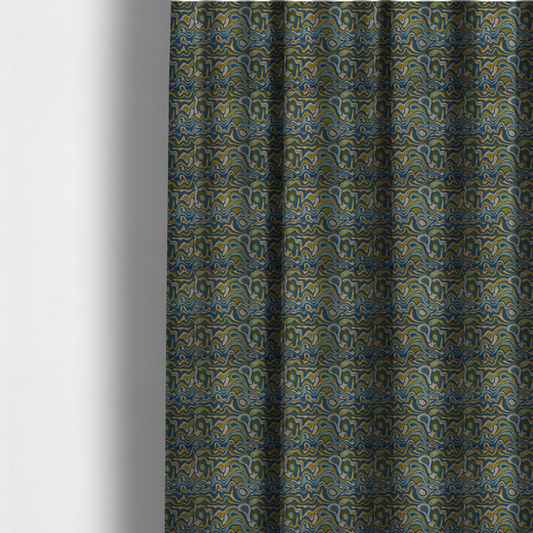 The fabric used to create these made-to-measure curtains, features different shades of green and beige swirls on a blue background.