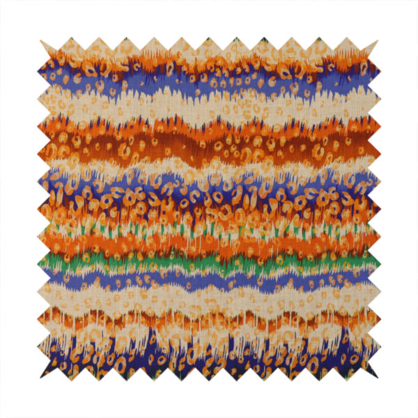 This fabric has a soft chevron pattern, the stripes are made up of blues, greens and oranges, whilst also featuring a leopard pattern.