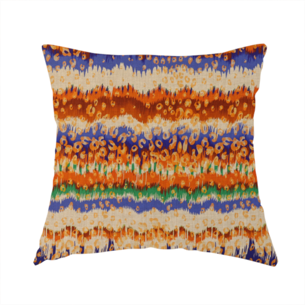 The fabric used to create this handmade cushion has a soft chevron pattern, the stripes are made up of blues, greens and oranges, whilst also featuring a leopard pattern.