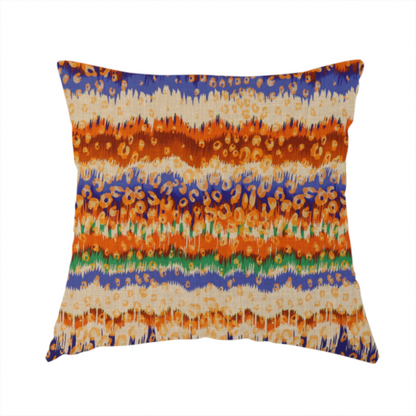 The fabric used to create this handmade cushion has a soft chevron pattern, the stripes are made up of blues, greens and oranges, whilst also featuring a leopard pattern.