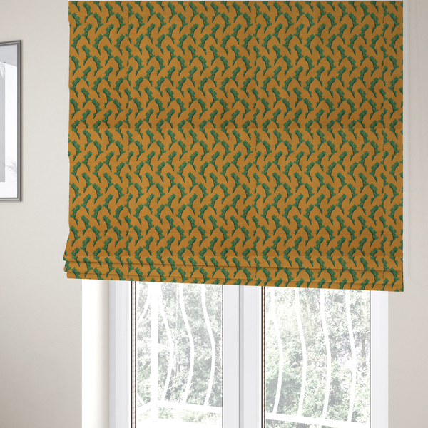 The fabric used to create these bespoke Roman blinds has a repeated green leaf/floral design on a warm yellow/golden background.