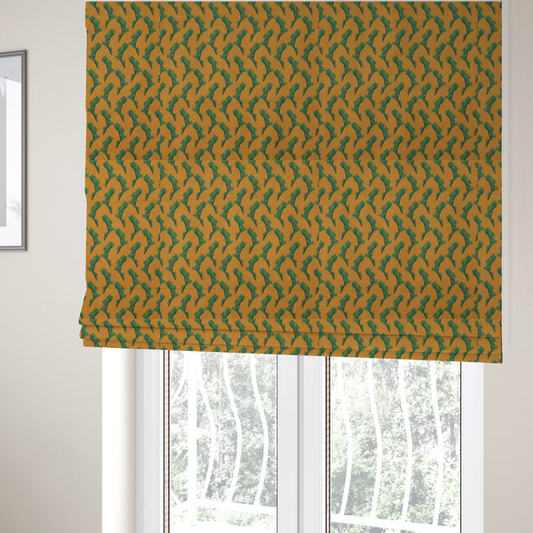 The fabric used to create these bespoke Roman blinds has a repeated green leaf/floral design on a warm yellow/golden background.