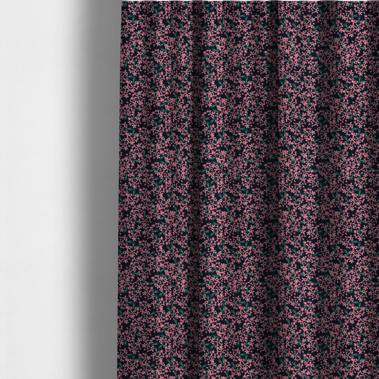 The fabric used to create these made-to-measure curtains is saturated with pink floral bouquets on a deep green background.