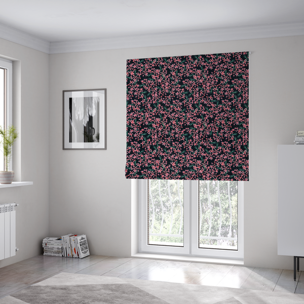 The fabric used to create these Roman blinds is saturated with pink floral bouquets on a deep green background.