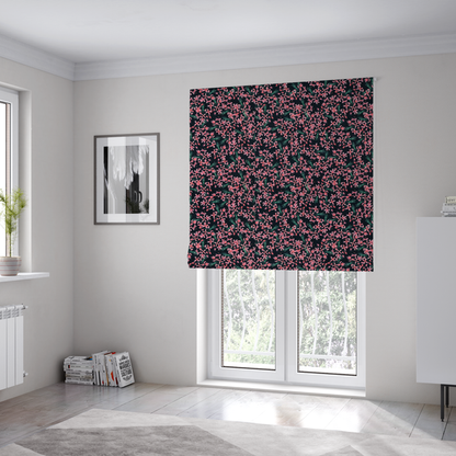 The fabric used to create these Roman blinds is saturated with pink floral bouquets on a deep green background.