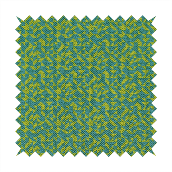 This fabric has a small, repeated geometric pattern in lime green and blue.