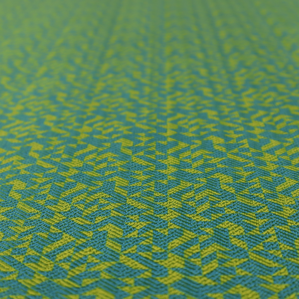 This fabric has a small, repeated geometric pattern in lime green and blue.