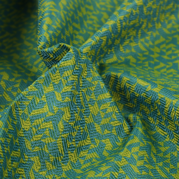 This fabric has a small, repeated geometric pattern in lime green and blue.