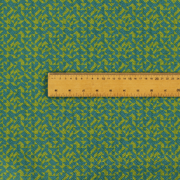 This fabric has a small, repeated geometric pattern in lime green and blue.