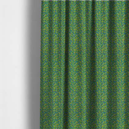 The fabric used to create these made-to-measure curtains has a small, repeated geometric pattern in lime green and blue.