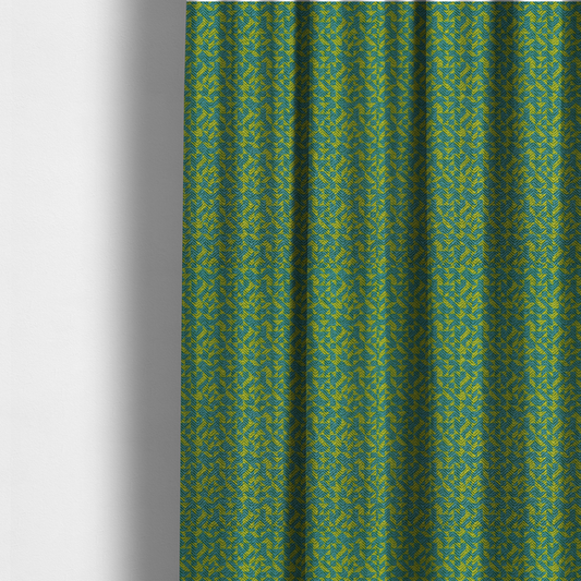 The fabric used to create these made-to-measure curtains has a small, repeated geometric pattern in lime green and blue.