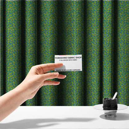 The fabric used to create these made-to-measure curtains has a small, repeated geometric pattern in lime green and blue.