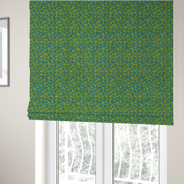 The fabric used to create these Roman blinds has a small, repeated geometric pattern in lime green and blue.
