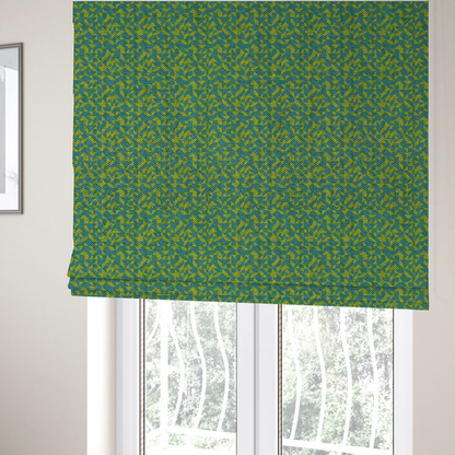 The fabric used to create these Roman blinds has a small, repeated geometric pattern in lime green and blue.