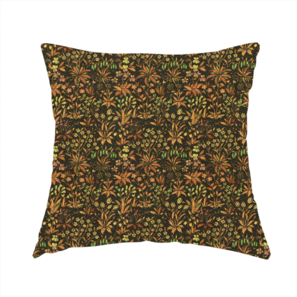 The fabric used to create this handmade cushion has a forest/floral design in different warm tones with accents of green foliage.