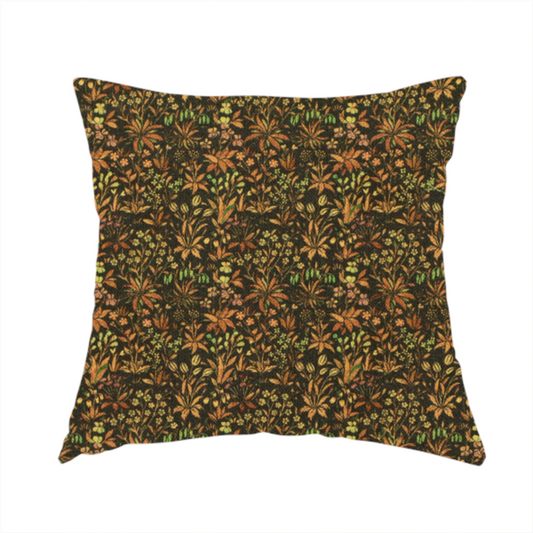 The fabric used to create this handmade cushion has a forest/floral design in different warm tones with accents of green foliage.