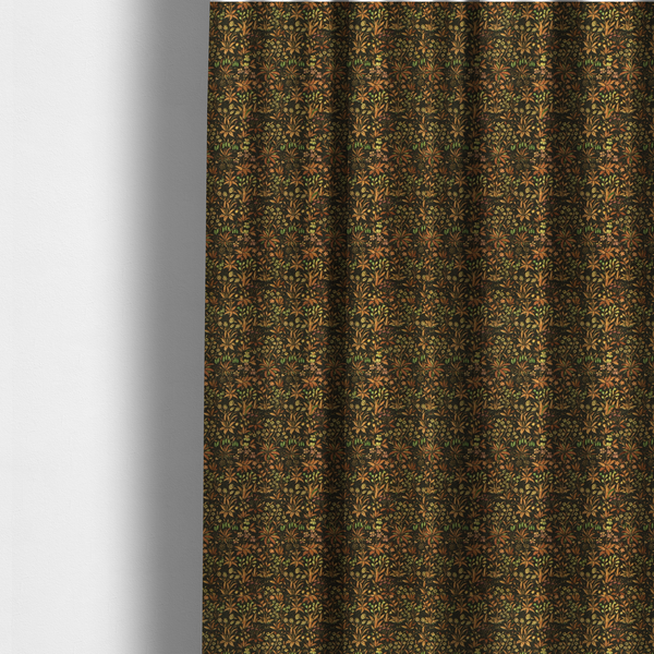 The fabric used to create these made-to-measure curtains, has a forest/floral design in different warm tones with accents of green foliage.