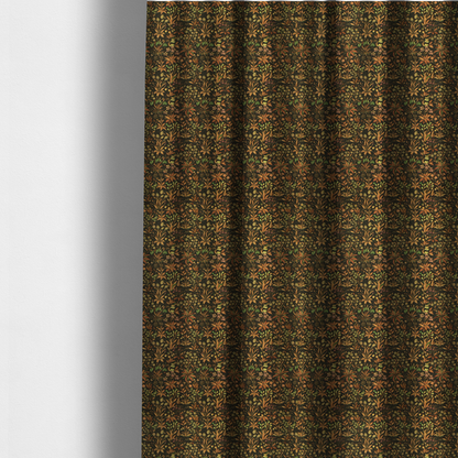The fabric used to create these made-to-measure curtains, has a forest/floral design in different warm tones with accents of green foliage.
