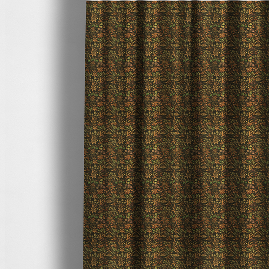 The fabric used to create these made-to-measure curtains, has a forest/floral design in different warm tones with accents of green foliage.