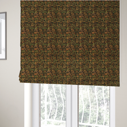 The fabric used to create these bespoke Roman blinds, has a forest/floral design in different warm tones with accents of green foliage.