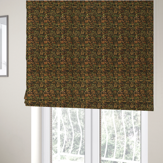 The fabric used to create these bespoke Roman blinds, has a forest/floral design in different warm tones with accents of green foliage.