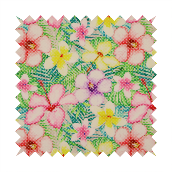 A vibrant tropical fabric pattern featuring pink and purple hibiscus flowers, yellow plumeria, and green palm leaves on a light grey dotted background.