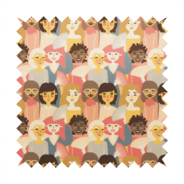 A whimsical, repeating fabric pattern featuring illustrated portraits of women with diverse hairstyles and accessories, some holding white hand fans, set against a warm coral-pink background.