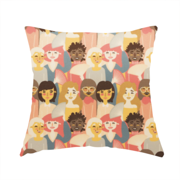 The fabric used to create this handmade cushion is a whimsical, repeating fabric pattern featuring illustrated portraits of women with diverse hairstyles and accessories, some holding white hand fans, set against a warm coral-pink background.