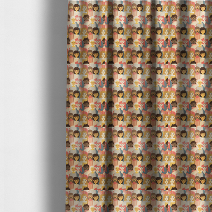 The fabric used to create these made-to-measure curtains is a whimsical, repeating fabric pattern featuring illustrated portraits of women with diverse hairstyles and accessories, some holding white hand fans, set against a warm coral-pink background.