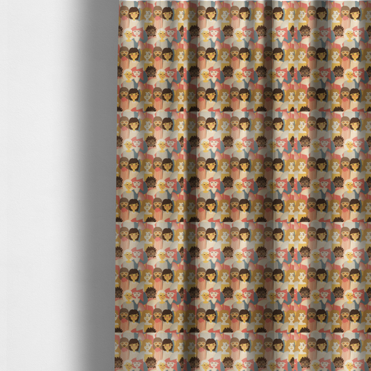 The fabric used to create these made-to-measure curtains is a whimsical, repeating fabric pattern featuring illustrated portraits of women with diverse hairstyles and accessories, some holding white hand fans, set against a warm coral-pink background.