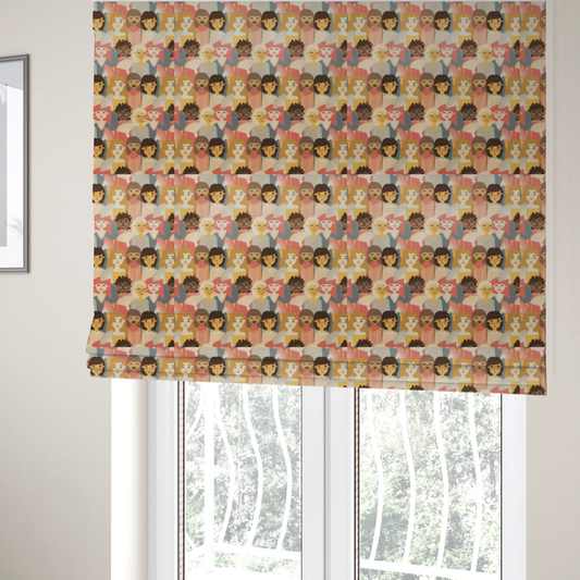 The fabric used to create these bespoke Roman blinds is a whimsical, repeating fabric pattern featuring illustrated portraits of women with diverse hairstyles and accessories, some holding white hand fans, set against a warm coral-pink background.