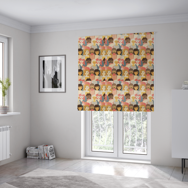 The fabric used to create these bespoke Roman blinds is a whimsical, repeating fabric pattern featuring illustrated portraits of women with diverse hairstyles and accessories, some holding white hand fans, set against a warm coral-pink background.