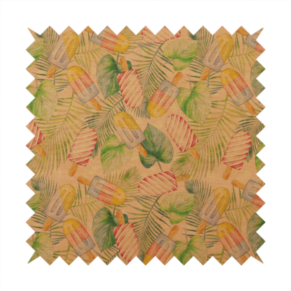 A summer-themed fabric pattern featuring vintage-style popsicles and green tropical leaves on a warm, textured beige background