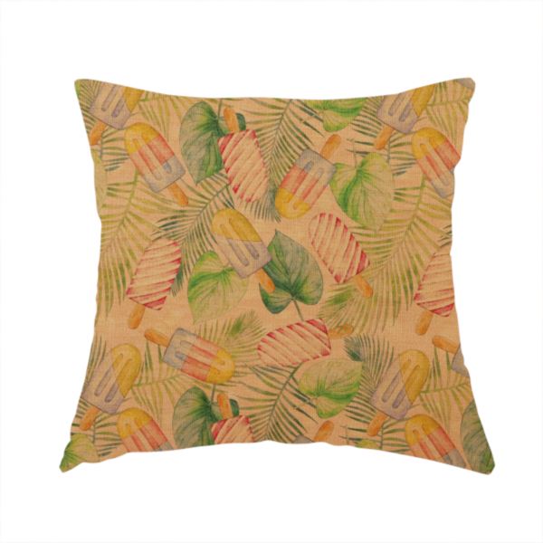 The fabric used to create this handmade cushions is a summer-themed fabric pattern featuring vintage-style popsicles and green tropical leaves on a warm, textured beige background