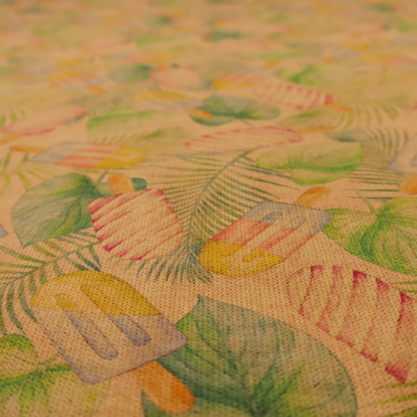 A summer-themed fabric pattern featuring vintage-style popsicles and green tropical leaves on a warm, textured beige background
