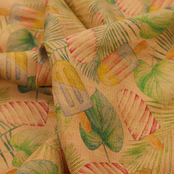 A summer-themed fabric pattern featuring vintage-style popsicles and green tropical leaves on a warm, textured beige background