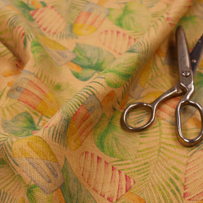 A summer-themed fabric pattern featuring vintage-style popsicles and green tropical leaves on a warm, textured beige background